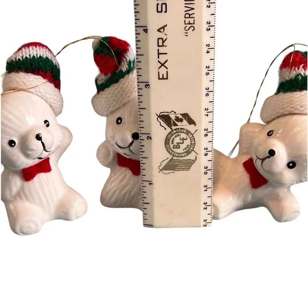 Vintage Teddy Bear Ceramic Ornaments Set of 3 Christmas Stocking Hate Red Green